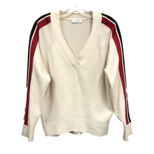 Sandro Paris Briona cream sport stripe varsity wool poly blend vneck pullover